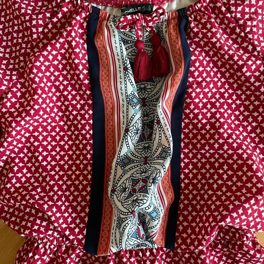 My Michelle Girls Red Geometric Print Off Shoulder Romper Tassel Tie Siz S Youth